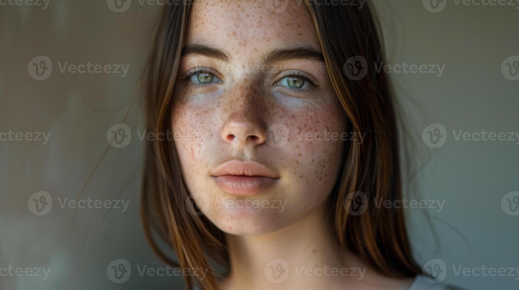 Confident Young Woman Embracing Natural Beauty with Freckles and Acne, Gentle Expression in Soft Lighting for Health and Lifestyle Themes photo