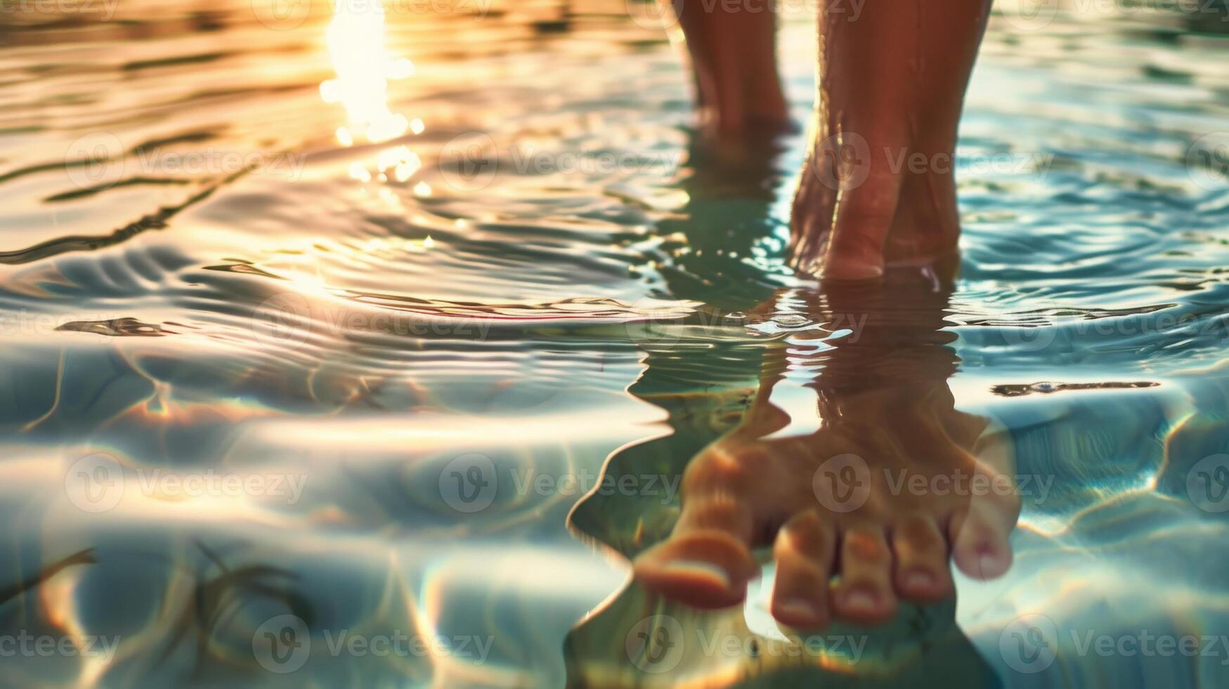 A person leisurely wading in the lake, with their legs submerged in the water photo
