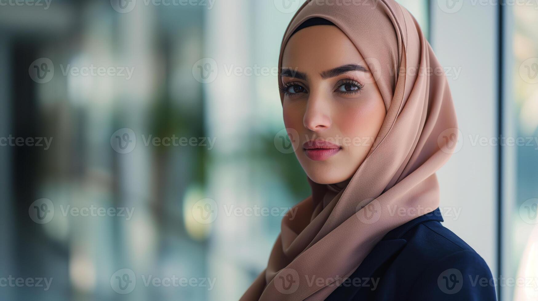 Confident Young Muslim Woman in Hijab Standing Indoors, Professional Business Portrait for Workplace Diversity photo