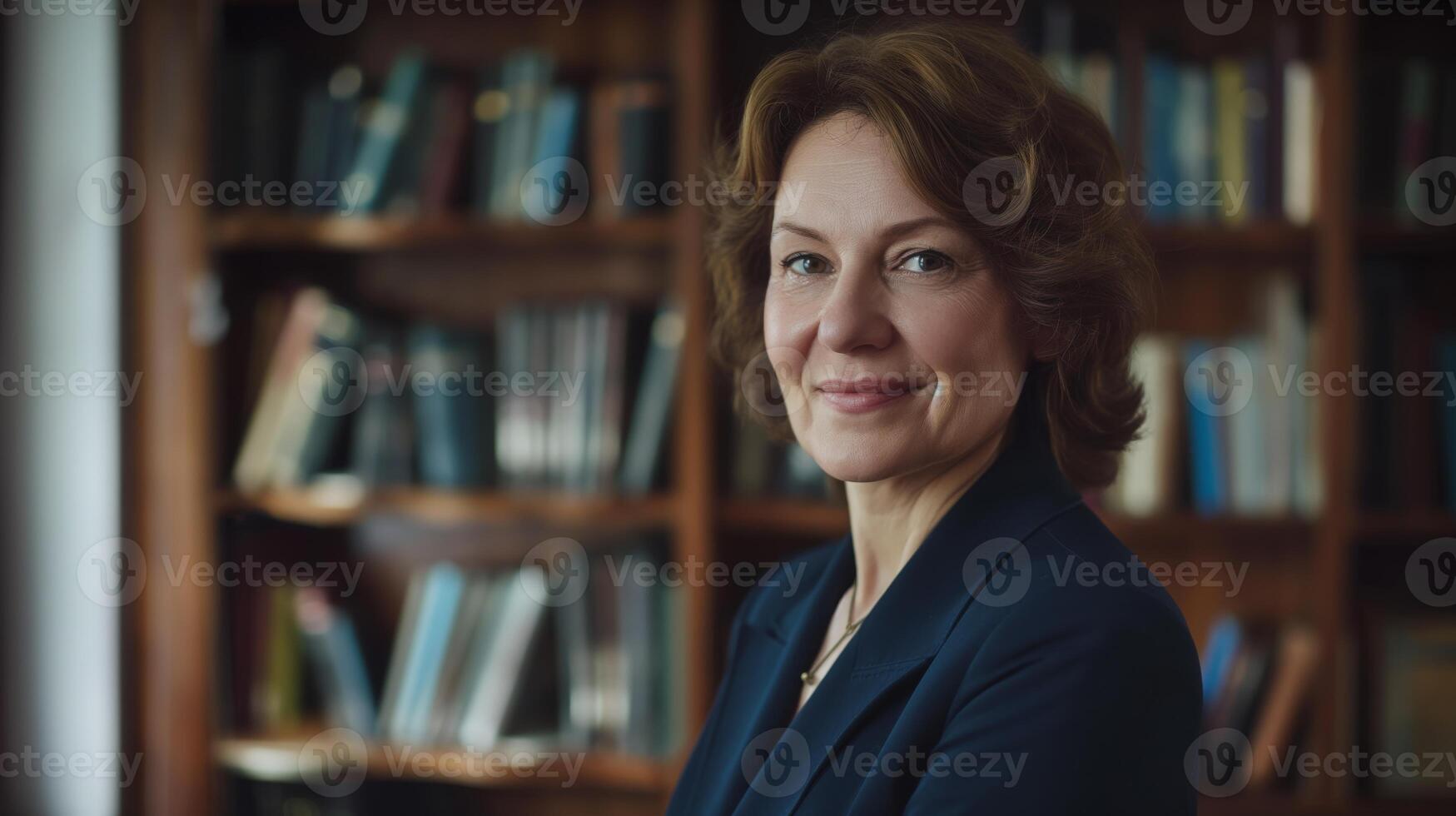 Professional Middle-Aged Female Business Leader in Library Setting for Corporate and Educational Use photo