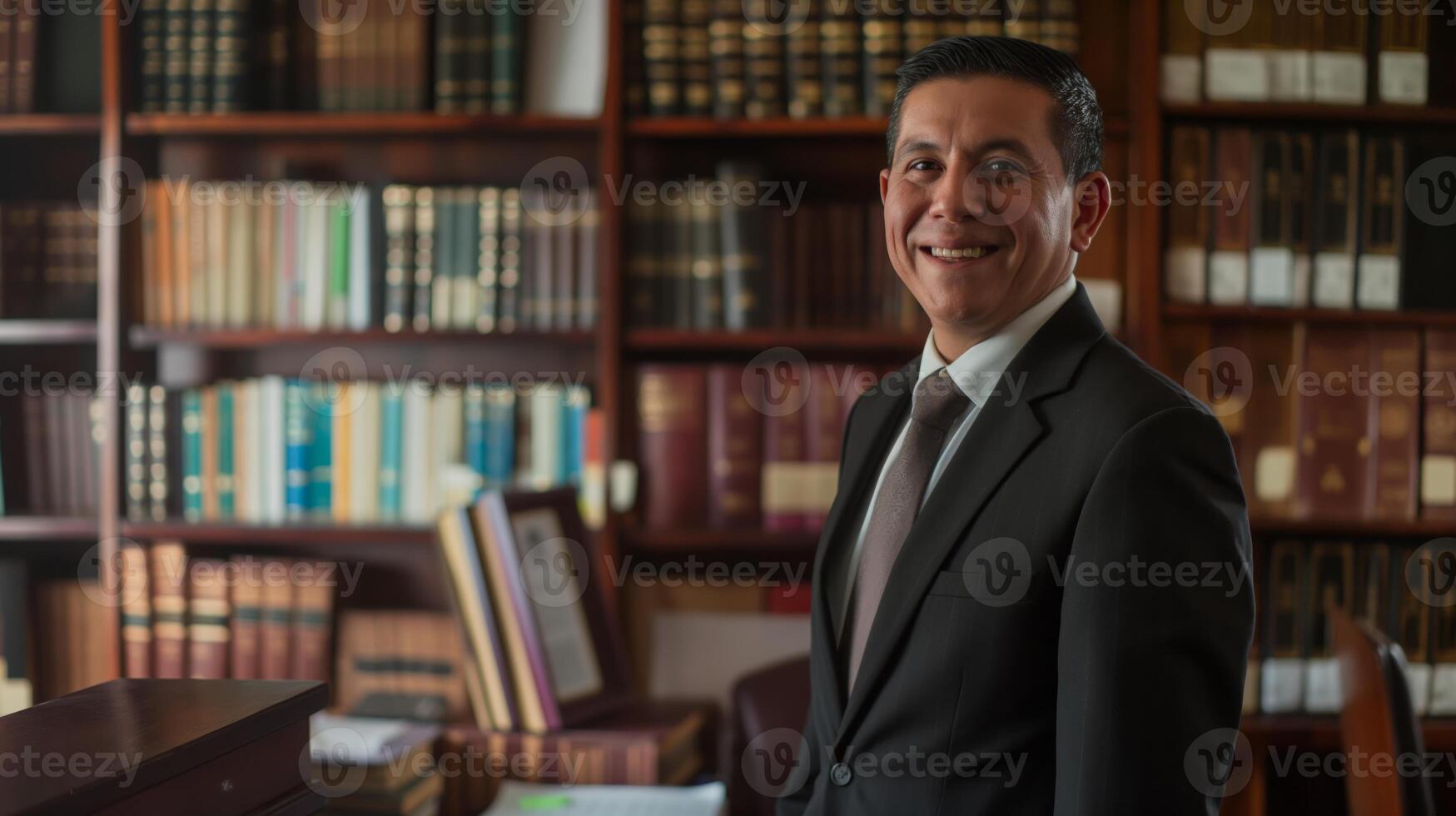 Confident Professional Businessman Standing in Library Office, Corporate Setting, Suited for Print, Card, and Poster Design photo