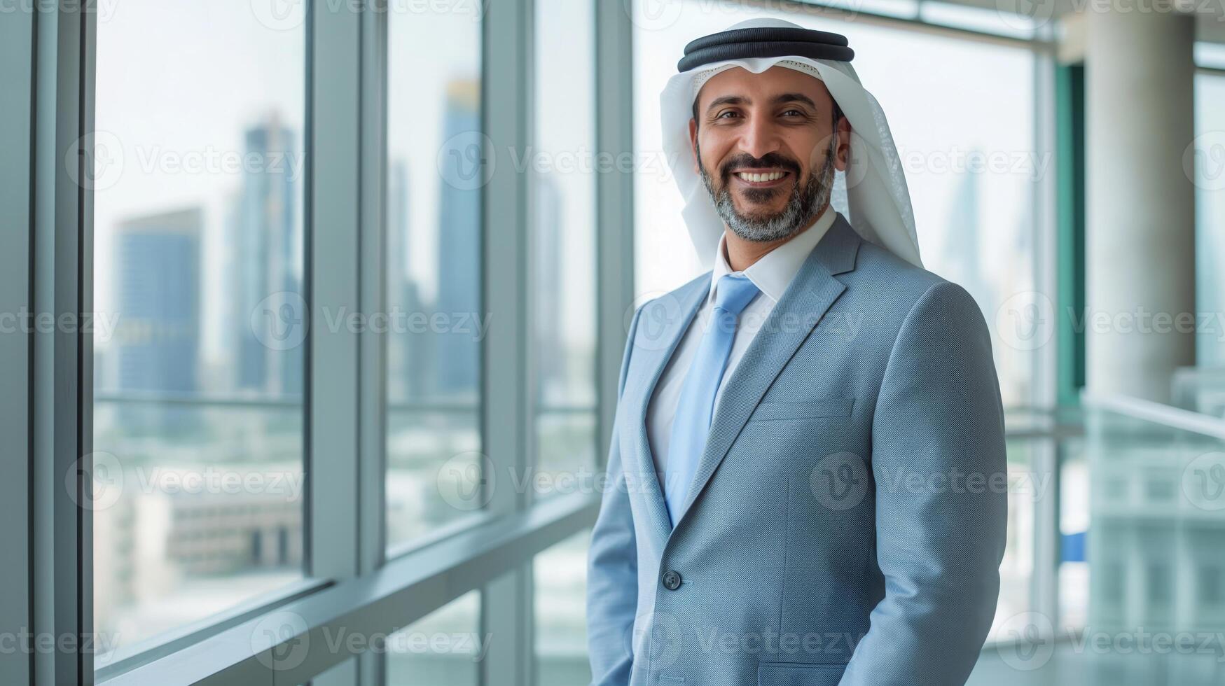 Confident Middle Eastern Business Professional in Elegant Suit Posing in Modern Office with Cityscape View photo
