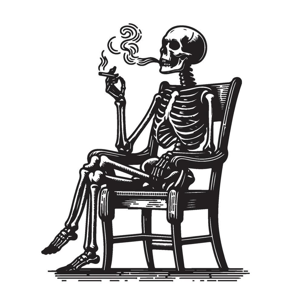 Skeleton Smoking While Sitting on a Chair, Black and White Illustration vector