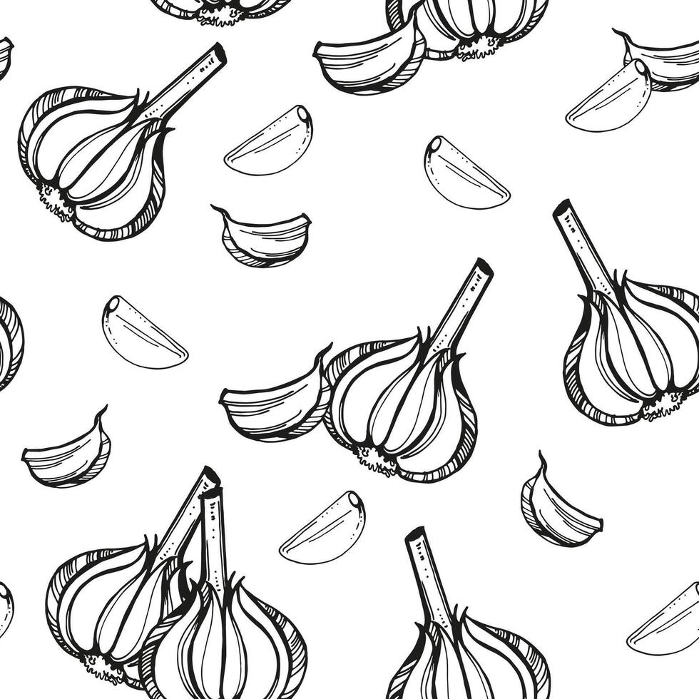 garlic clove outline seamless pattern, ink hand drawn sketch of food, vegetable, spicy and condiment theme white background, black and white doodle illustration vector