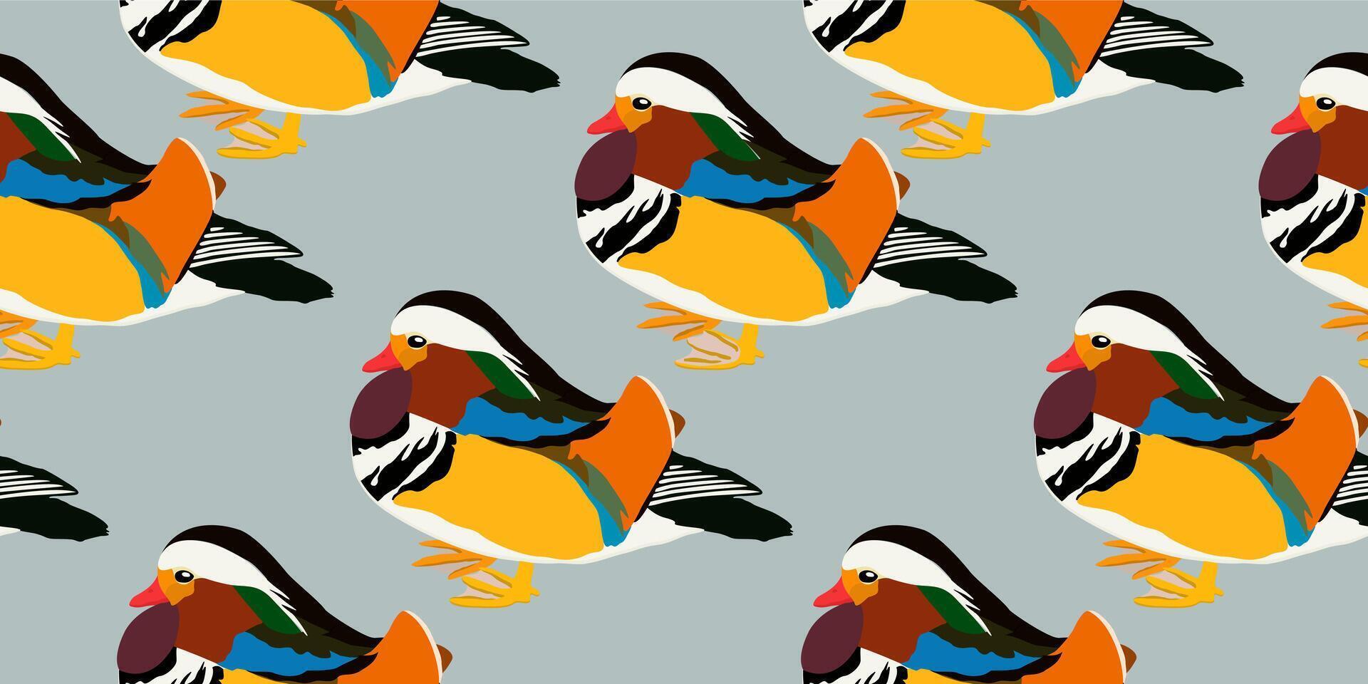 Mandarin duck. seamless pattern with bright birds on light grey-blue background vector