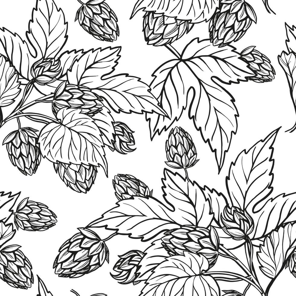Hand drawn seamless pattern with hop plant, leaves and buds, craft beer ingredients, black and white illustration of branch humulus lupulus, inked illustration isolated on white background vector