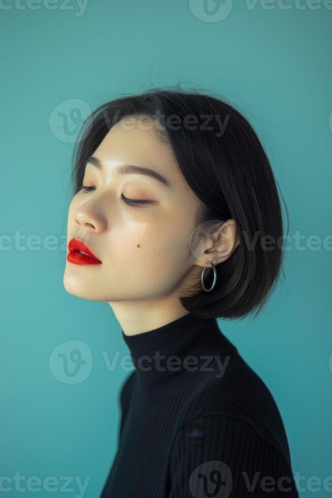 Black turtleneck frames her red lips, accentuating jawline and cheekbones photo