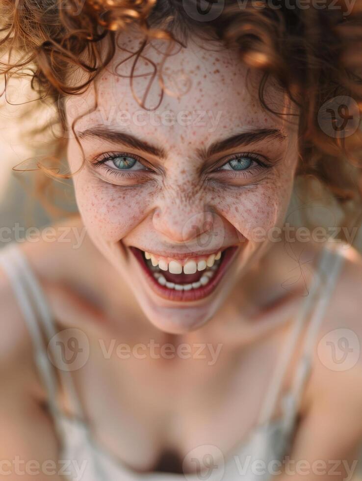 Close up of a woman with freckles, laughing, showing her happy smile and teeth photo