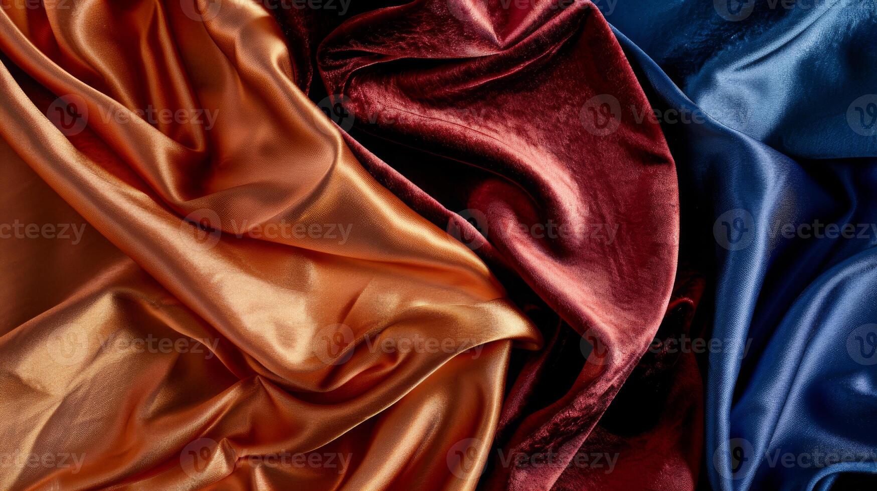 Closeup of three satin fabrics in magenta, electric blue, and silk patterns photo