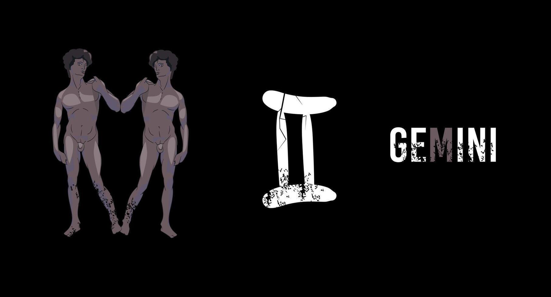 Gemini. T-shirt design of two naked African-American twins and the Gemini symbol on a black background. vector