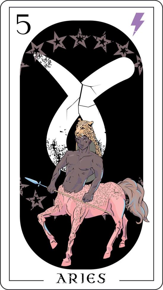 Aries. Tarot card design featuring a pink centaur surrounded by stars. vector