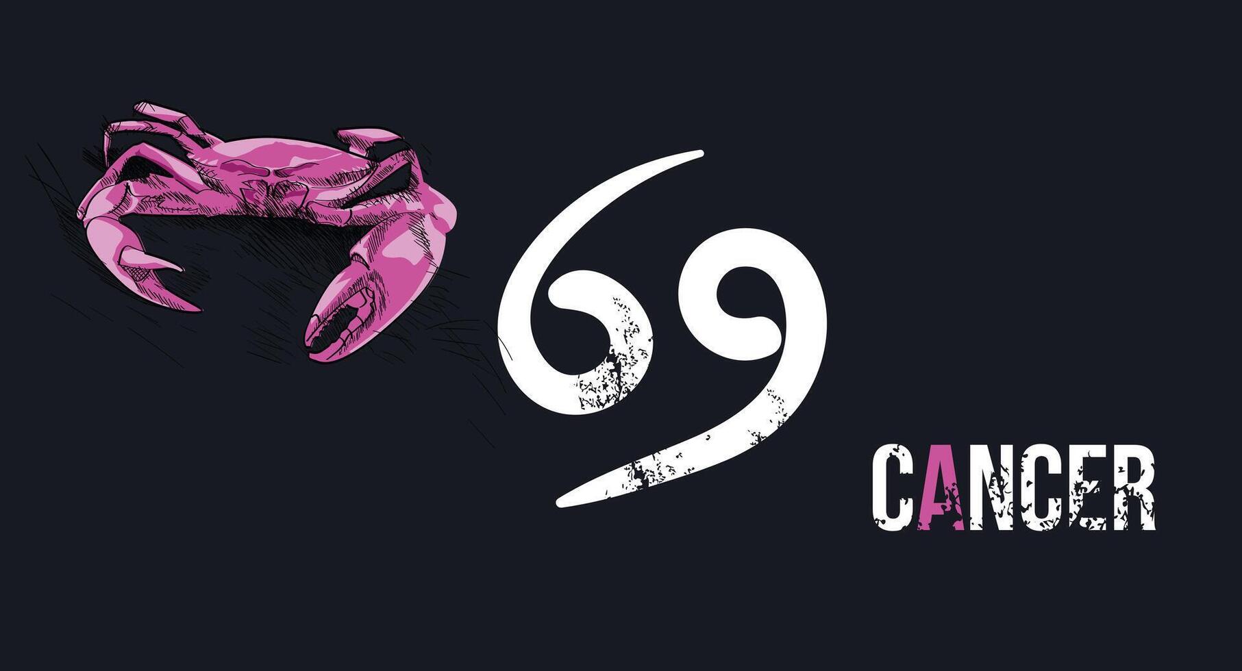 Cancer. T-shirt design of a crab next to the cancer symbol on a black background. vector