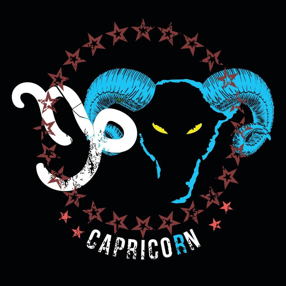 Capricorn. T-shirt design of a goat head with horns next to a circle of stars on a black background. vector