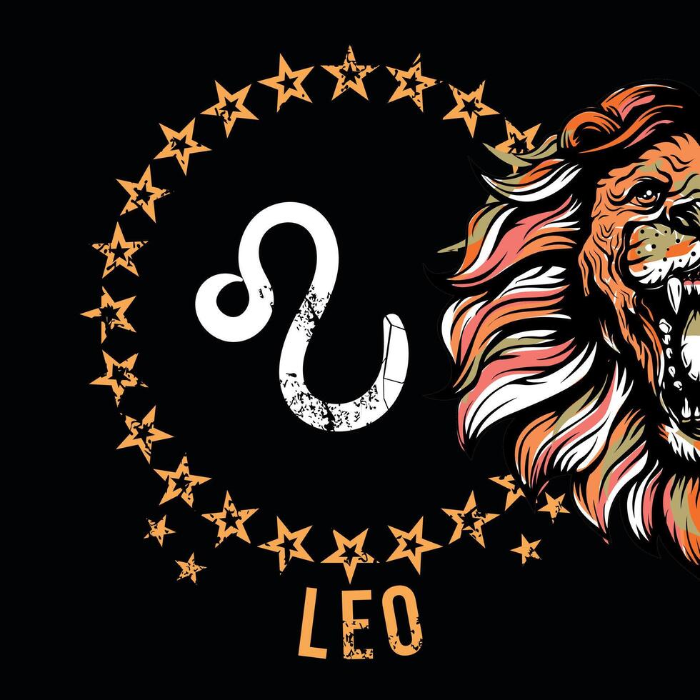 Leo. T-shirt design of the zodiac symbol next to a feline head in the dark. vector