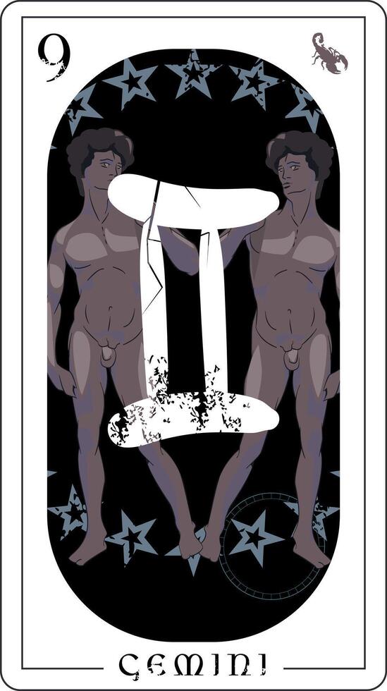 Gemini. Divination card design of two naked black men surrounded by stars. vector