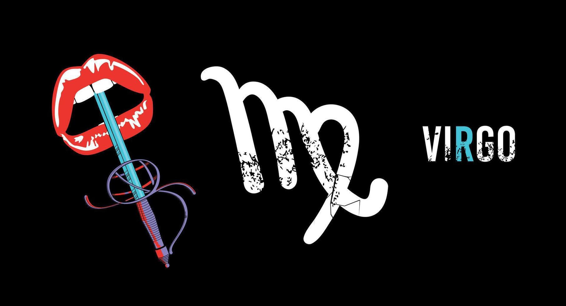 Virgo. T-shirt design of a mouth skewered by an ancient sword and the symbol of Virgo on a black background. vector
