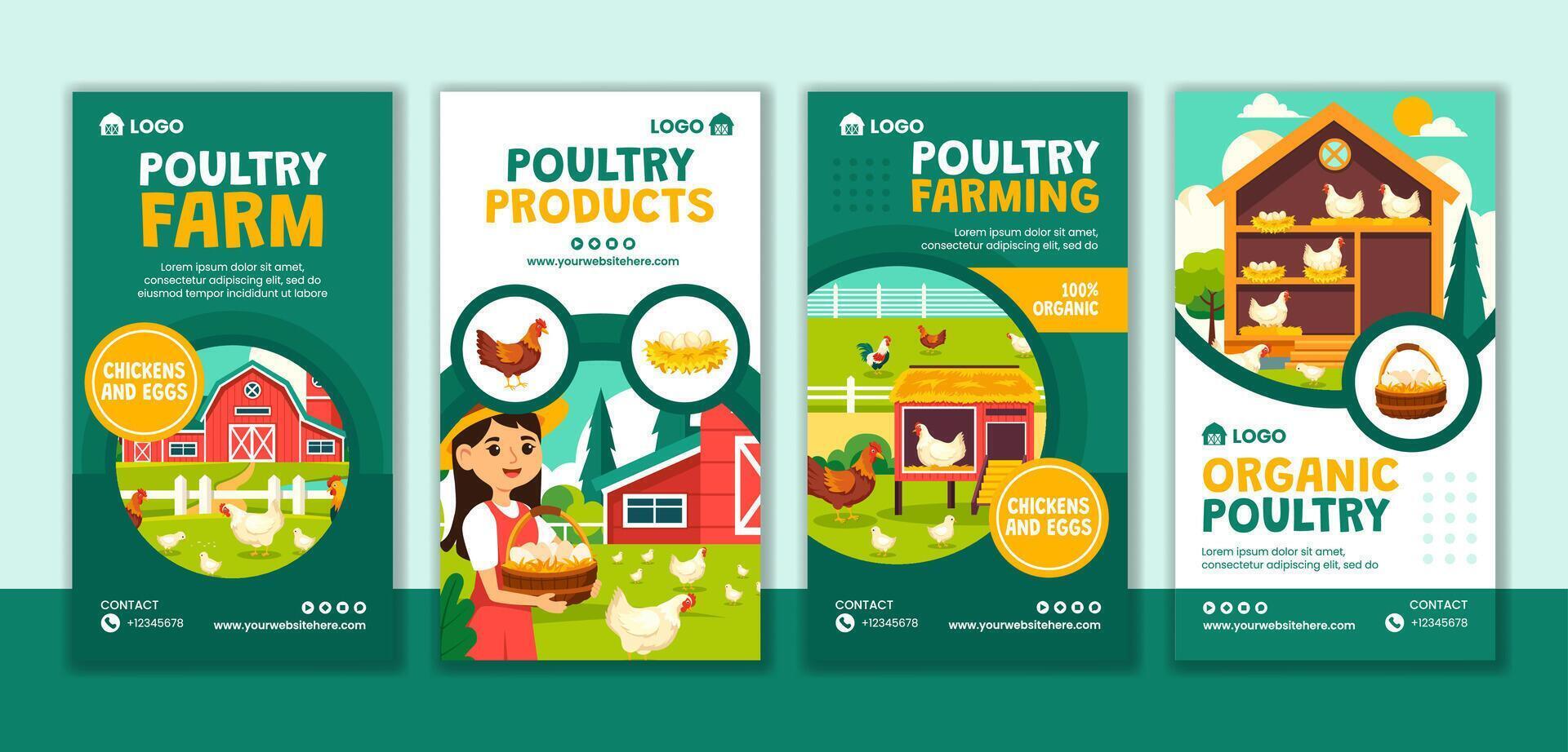 Poultry Farm Social Media Stories Flat Cartoon Hand Drawn Templates Background Illustration vector