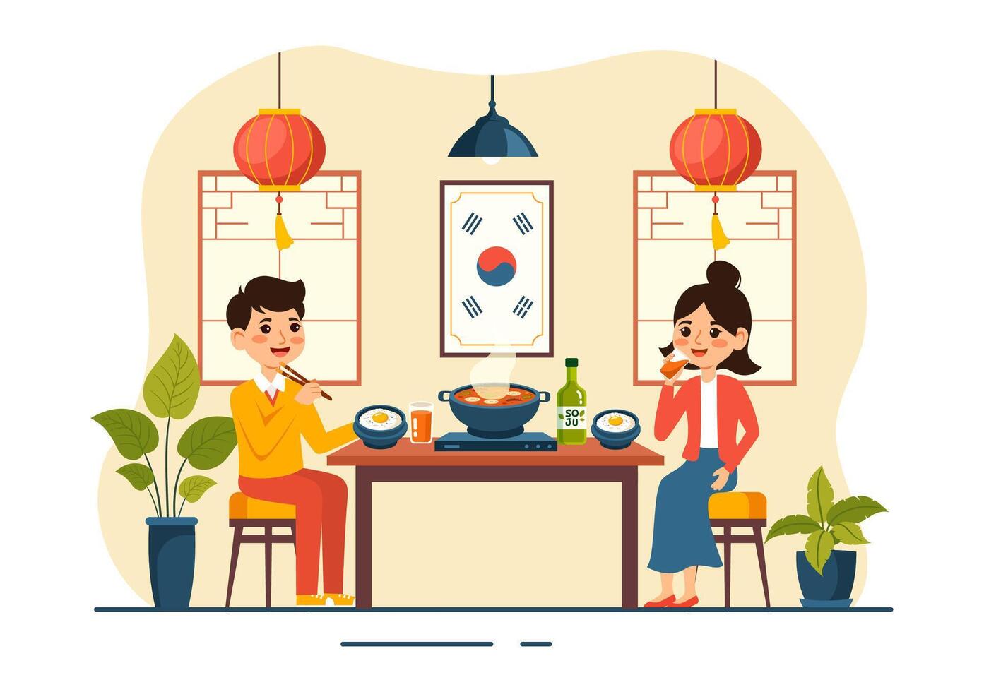 Korean Food Illustration featuring a Set Menu of Various Traditional and Delicious National Dishes in a Flat Cartoon Style Background vector