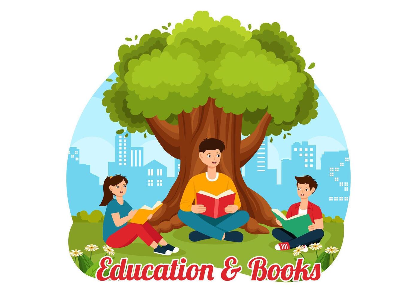 Education and Knowledge Books Illustration Featuring People Studying or Reading Books for Learning in a Flat Style Cartoon Background vector