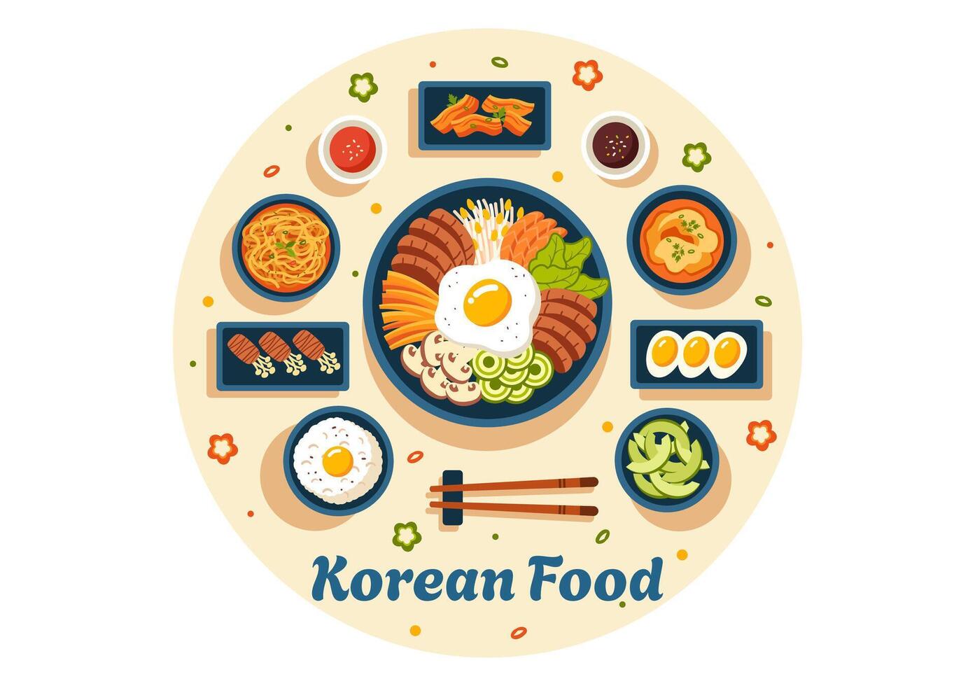 Korean Food Illustration featuring a Set Menu of Various Traditional and Delicious National Dishes in a Flat Cartoon Style Background vector