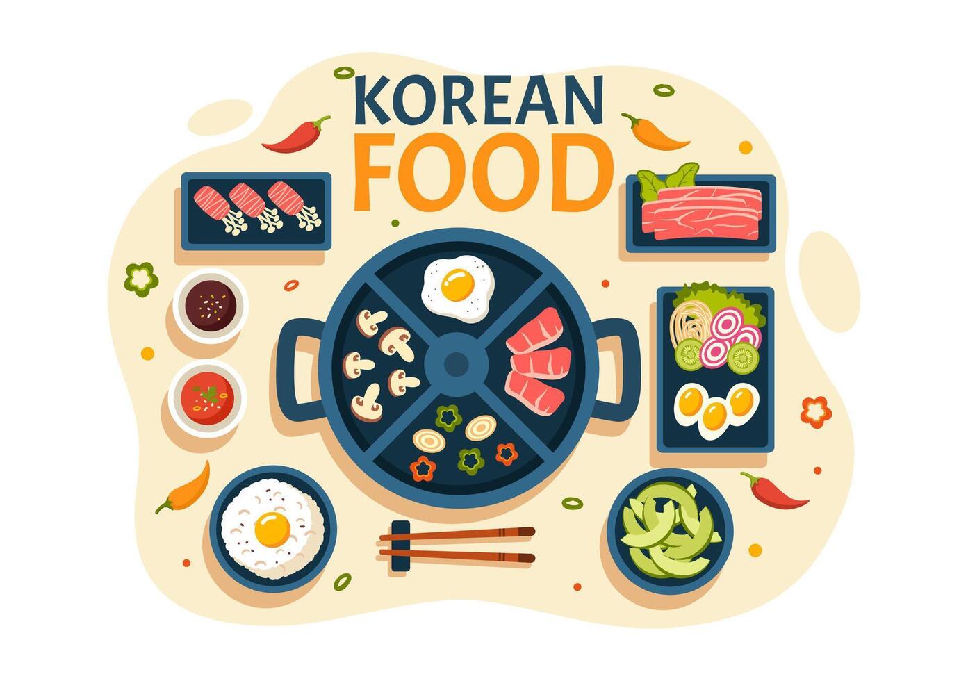 Korean Food Illustration featuring a Set Menu of Various Traditional and Delicious National Dishes in a Flat Cartoon Style Background vector