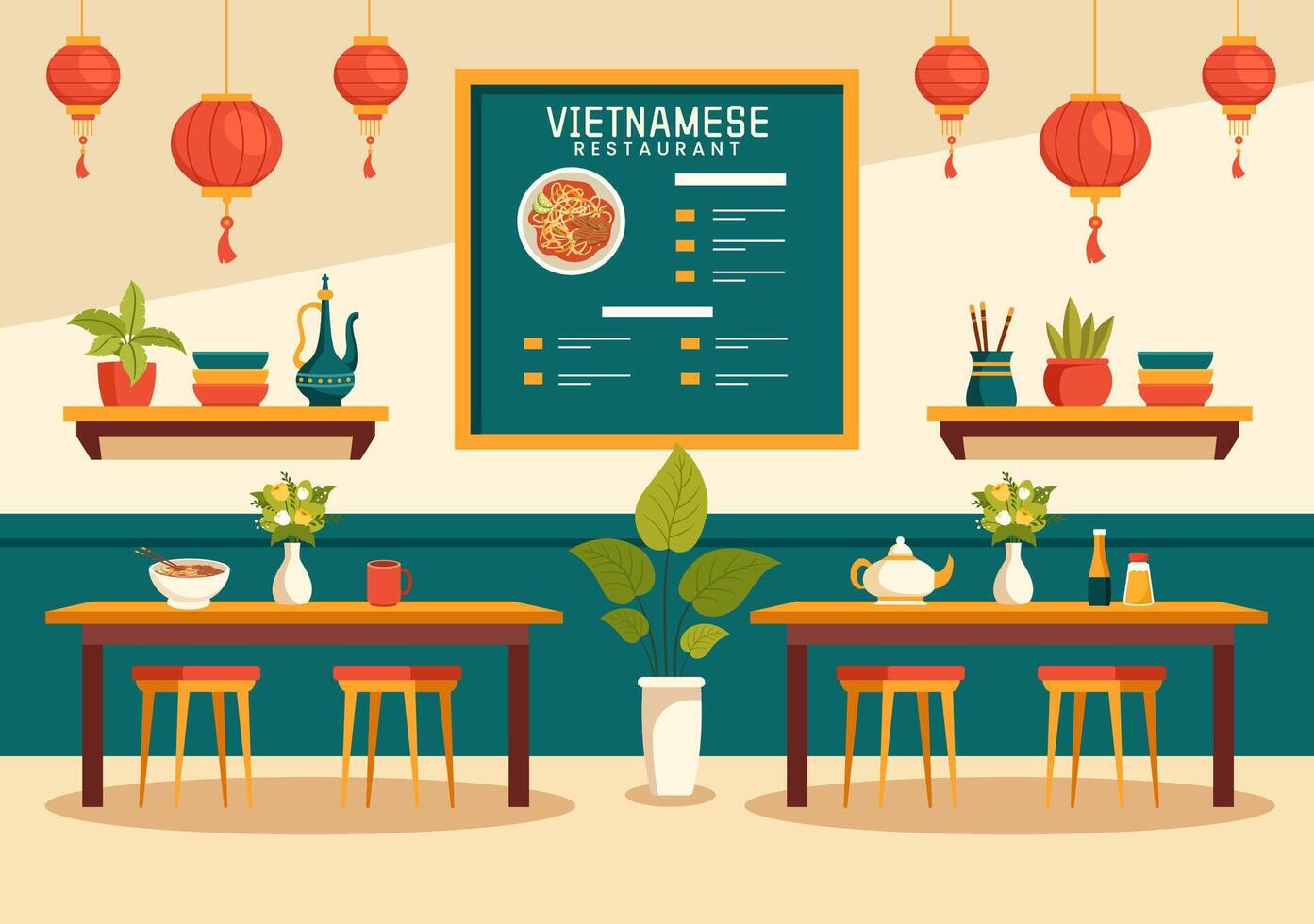 Vietnamese Food Restaurant Illustration of A Menu Featuring a Collection of Various Delicious Cuisine Dishes in Flat Style Cartoon Background vector