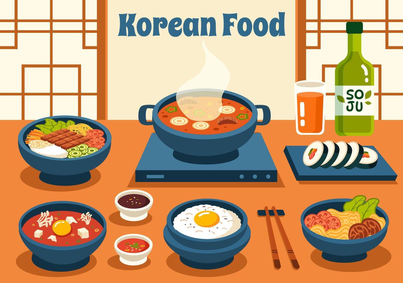 Korean Food Illustration featuring a Set Menu of Various Traditional and Delicious National Dishes in a Flat Cartoon Style Background vector