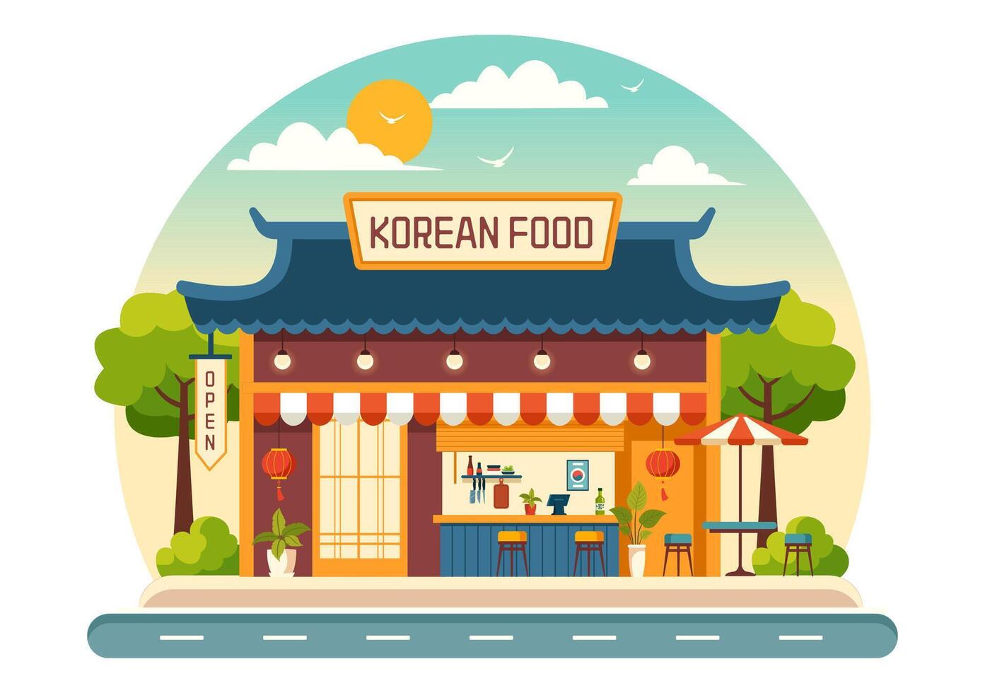 Korean Food Illustration featuring a Set Menu of Various Traditional and Delicious National Dishes in a Flat Cartoon Style Background vector