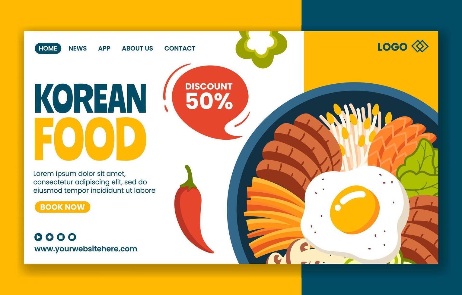 Korean Food Social Media Landing Page Cartoon Hand Drawn Templates Background Illustration vector
