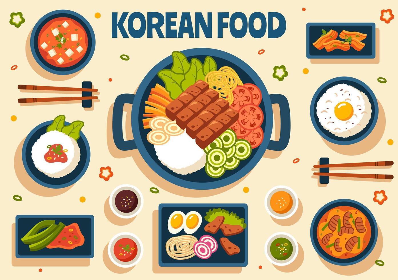 Korean Food Illustration featuring a Set Menu of Various Traditional and Delicious National Dishes in a Flat Cartoon Style Background vector