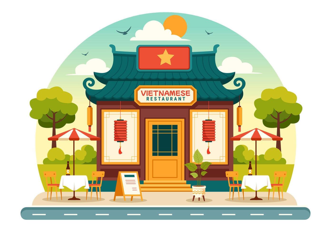 Vietnamese Food Restaurant Illustration of A Menu Featuring a Collection of Various Delicious Cuisine Dishes in Flat Style Cartoon Background vector