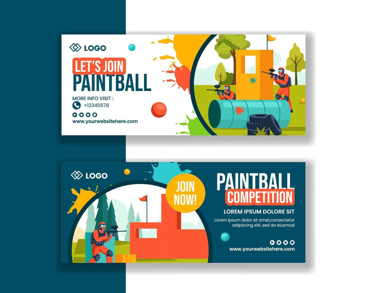 Paintball Game Horizontal Banner Flat Cartoon Hand Drawn Templates Background Illustration vector