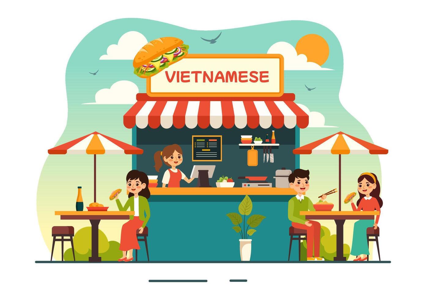 Vietnamese Food Restaurant Illustration of A Menu Featuring a Collection of Various Delicious Cuisine Dishes in Flat Style Cartoon Background vector