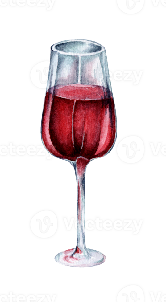 A glass of red wine. Watercolor illustration of a glass with an alcoholic drink. Feast of Valentine and Christmas. Isolated. Drawn by hand. png