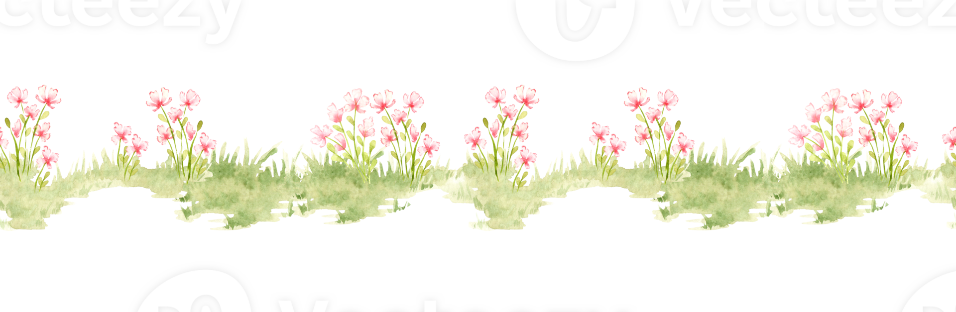 Clearing with pink flowers pattern horizontal element of watercolor illustration of natural landscape. Forest wildlife scene with herbs, flowers, vegetation. Compose compositions on a theme. png