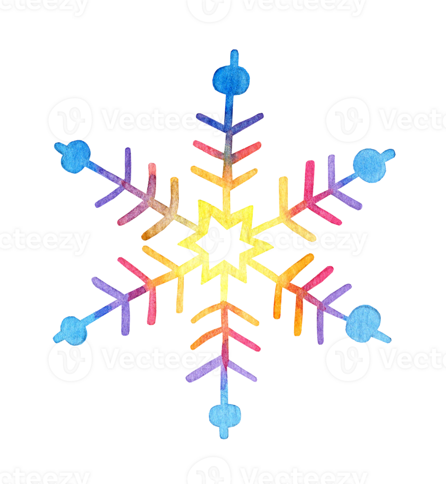 Watercolor multi-colored snowflake shimmers in the light. Winter, snow, Christmas and New Year. Isolated. Drawn by hand. png