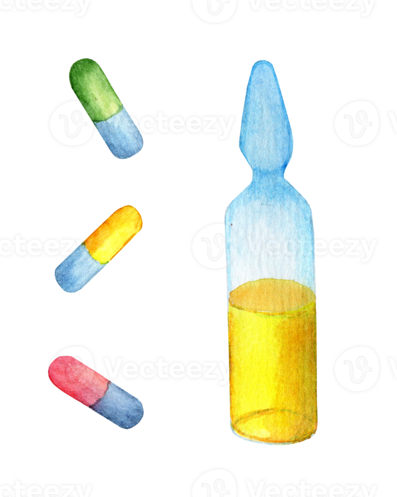 Ampoule with a vaccine and early colored tablets. Watercolor illustration of yellow virus vaccine. Isolated. Drawn by hand. png