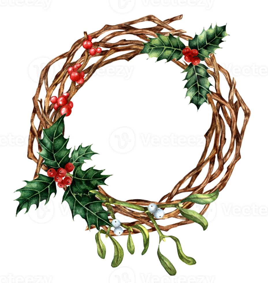 Christmas and New Year's decor with a wreath of branches. Watercolor illustration of a wreath in country style from twigs, holly, ilex and mistletoe. Isolated. Drawn by hand. png