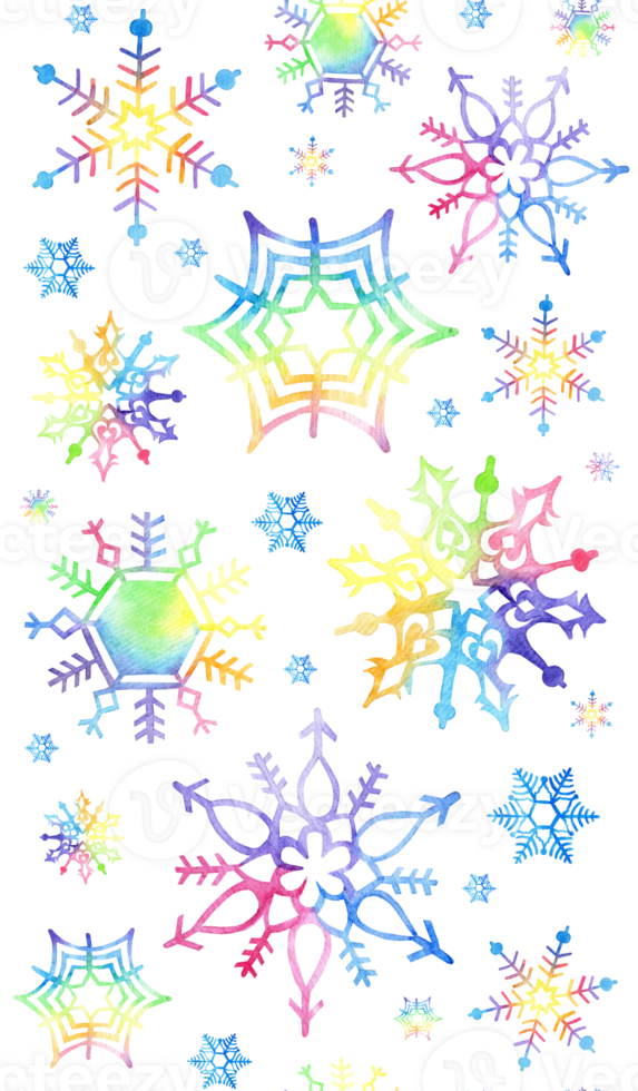 Watercolor snowflakes seamless vertical border pattern. Christmas and New Year greeting card template. Winter, snow, frost. Isolated. Drawn by hand. png