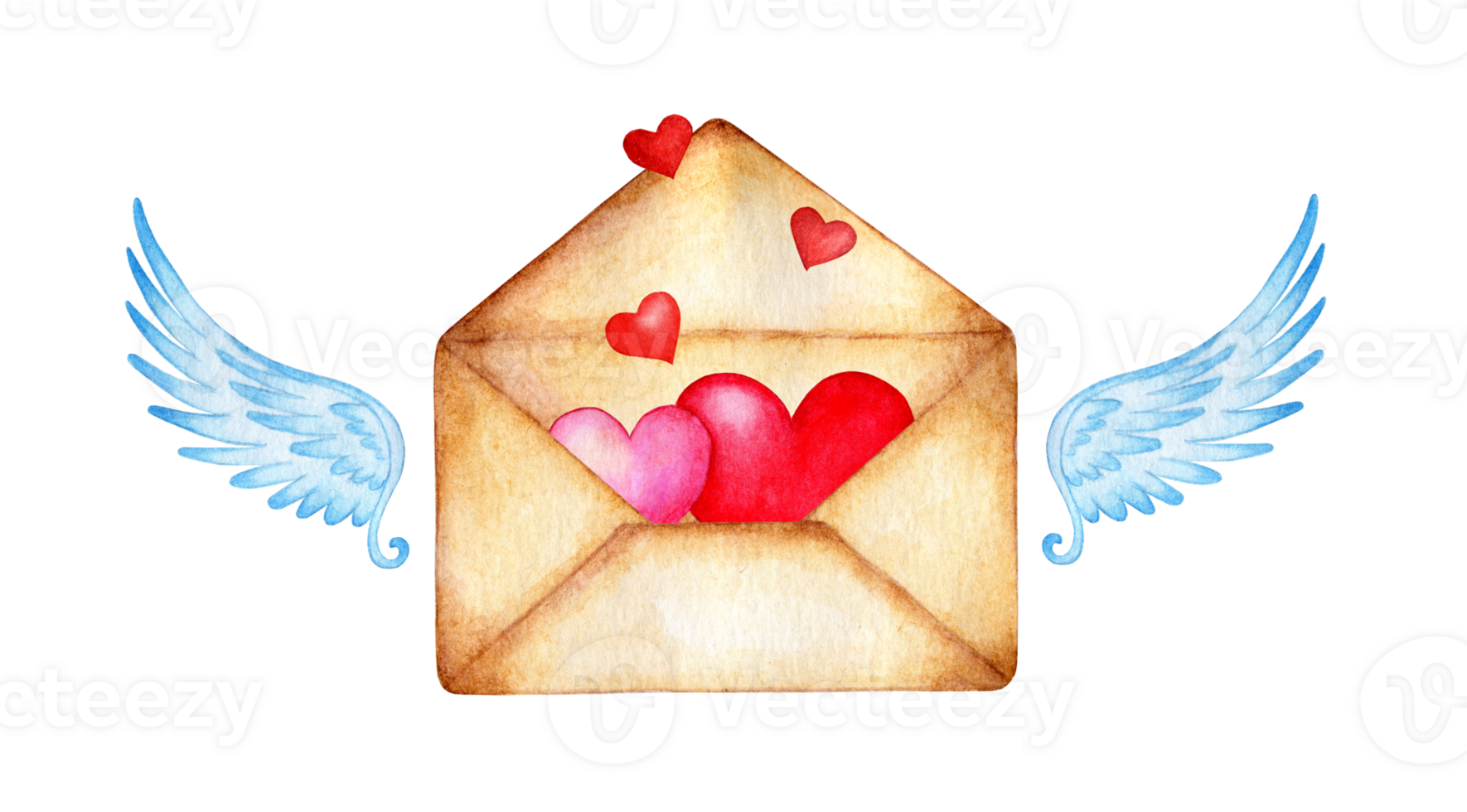 Watercolor illustration of an old yellowed envelope with angel wings and hearts. Valentine's day, message of love, February 14. Be my Valentine. Isolated. drawn by hand. png
