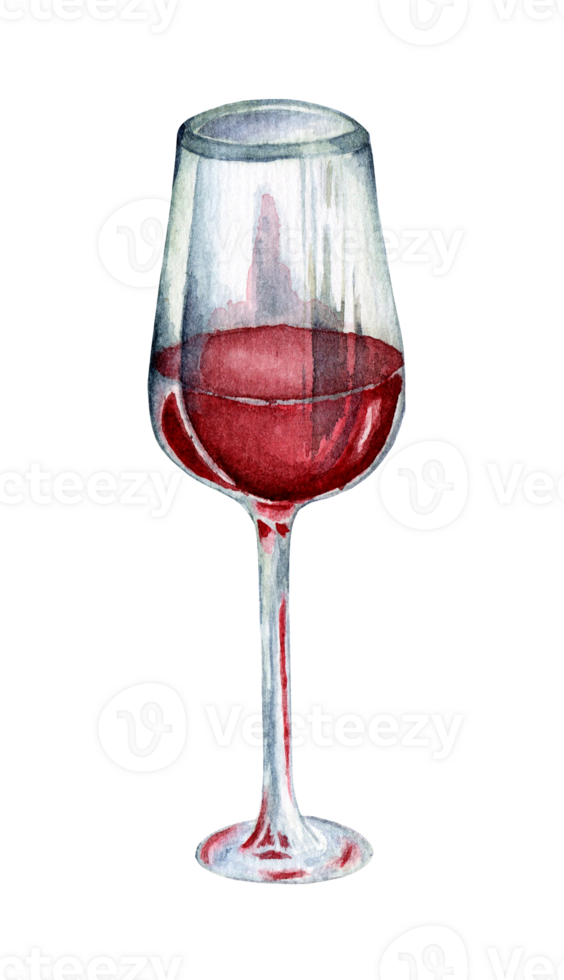 A glass of red wine. Watercolor illustration of an alcoholic drink. Festive picture of a crystal glass. Isolated. Drawn by hand. png