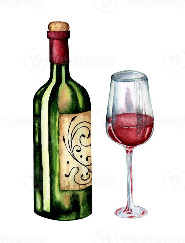 Green Wine bottle with a beautiful label and a filled glass. Watercolor illustration of alcoholic drink isolated. Drawn by hand. png