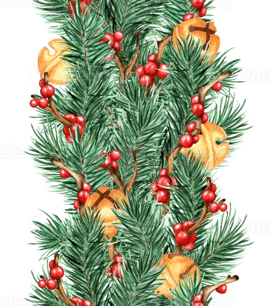 Seamless vertical watercolor pattern. A repeating illustration of fir branches, holly, ilex, and golden bells. Isolated. drawn by hand. png