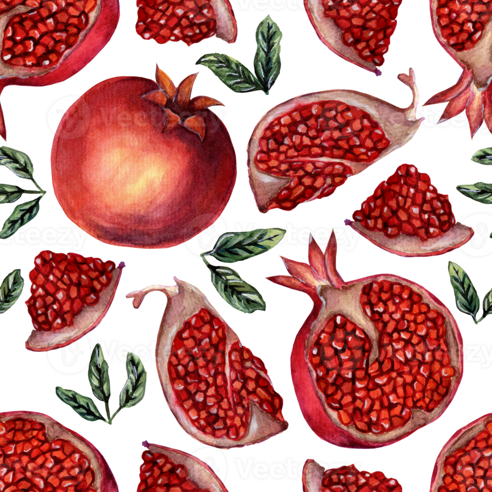 Seamless pattern of whole pomegranate and slices. Watercolor repeating illustration of pomegranate fruits, seeds, slices and leaves. Isolated. Drawn by hand. png