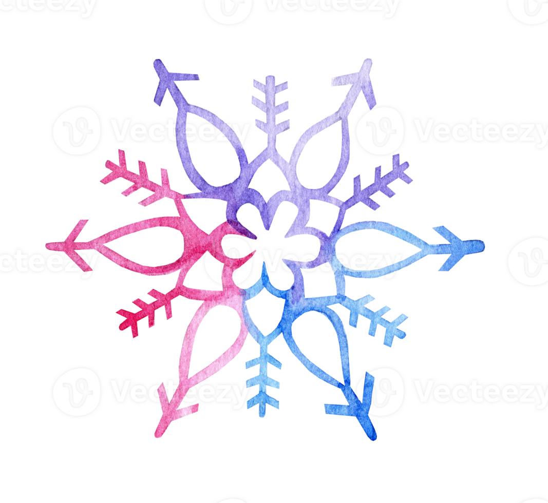 Watercolor tricolor lace snowflake. Winter snow illustration, Christmas, New Year. Isolated. Drawn by hand. png