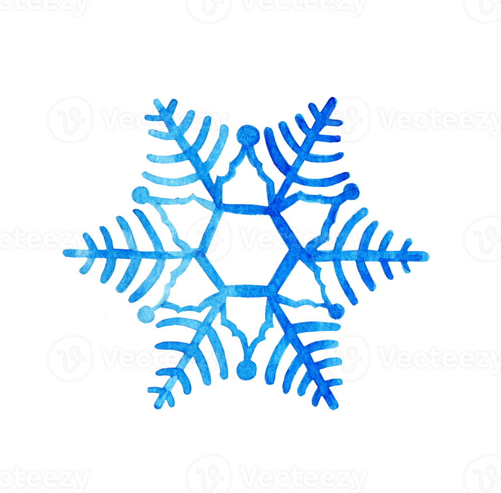Watercolor blue fluffy snowflake. Winter frost, Christmas, New Year. Isolated. Drawn by hand. png