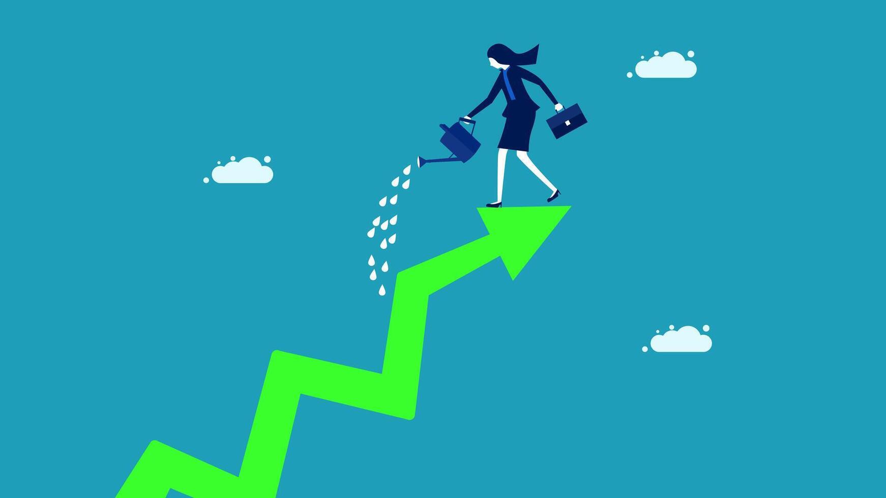 businesswoman walking up an arrow chart with a water hose vector