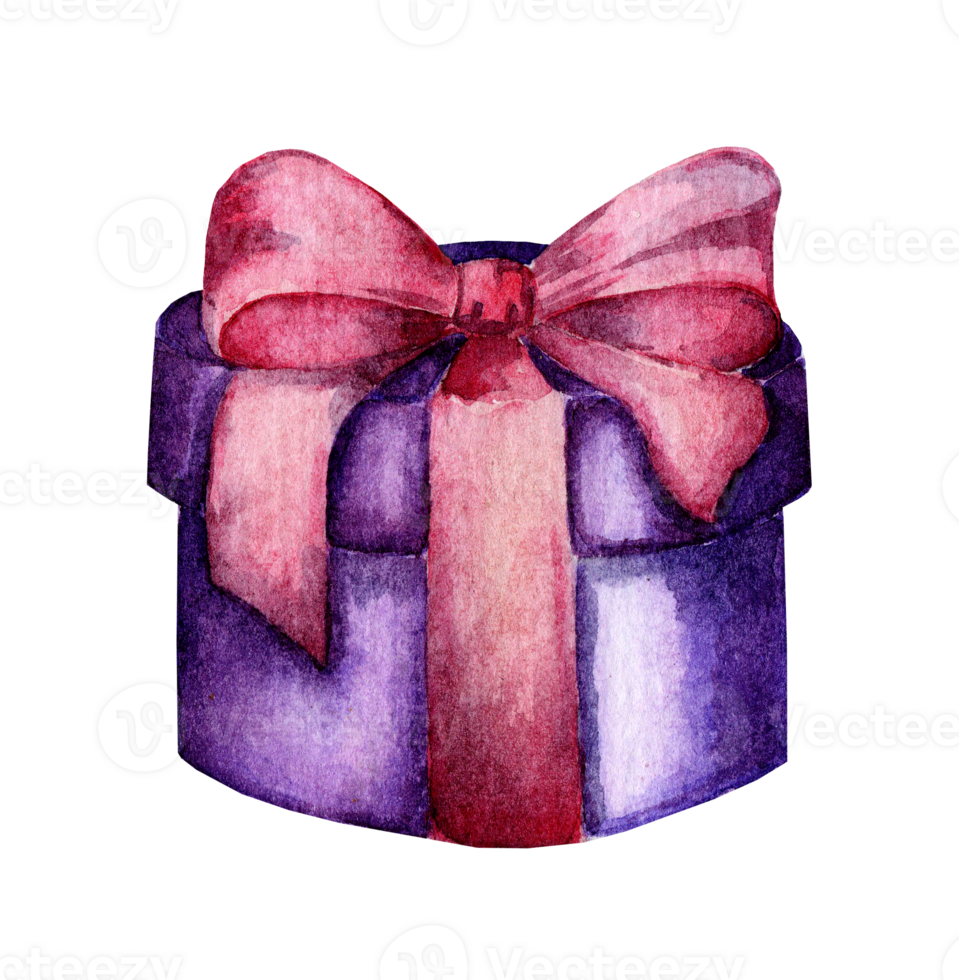 Watercolor illustration of a round purple box with a pink bow. Gift box for Christmas and New Year, Valentine's Day and Birthday. Isolated. Drawn by hand. png