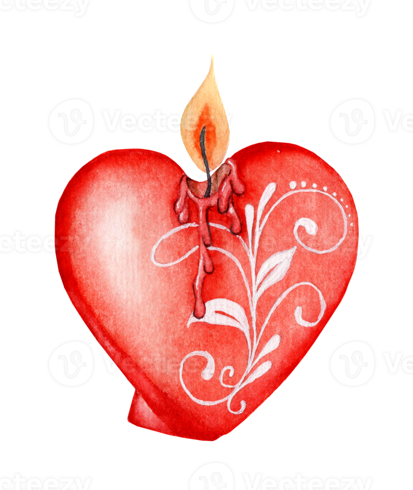 Burning heart watercolor candle with wax drips and beautiful monograms. Sketch element for romantic design Isolated . Valentine's day, Romantic dinner. Drawn by hand. png