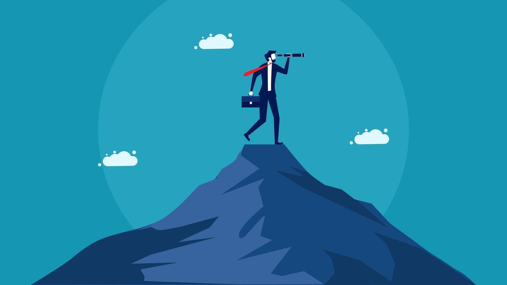 businessman standing on top of mountain with binoculars vector